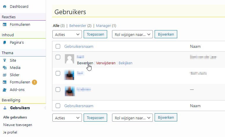 Beveiliging gebruikers bewerken