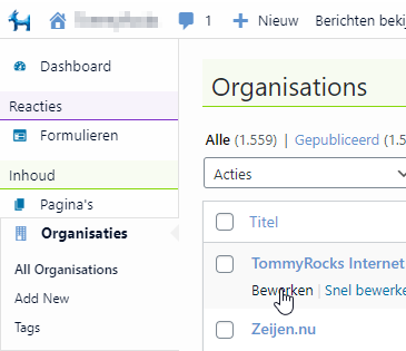 Inhoud organisatie bewerken