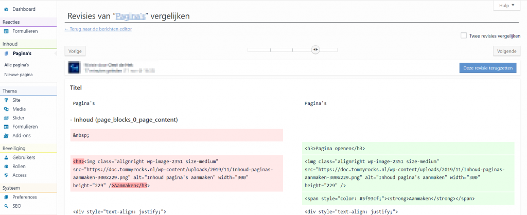 Inhoud pagina's revisies